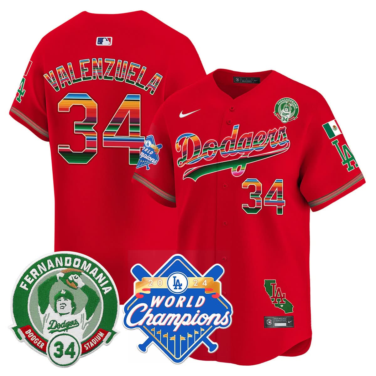 LAD Mexico Fernando Memorial & 2024 World Series Champions Patch Jersey - Stitched