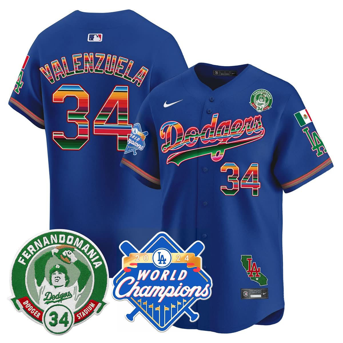 LAD Mexico Fernando Memorial & 2024 World Series Champions Patch Jersey - Stitched