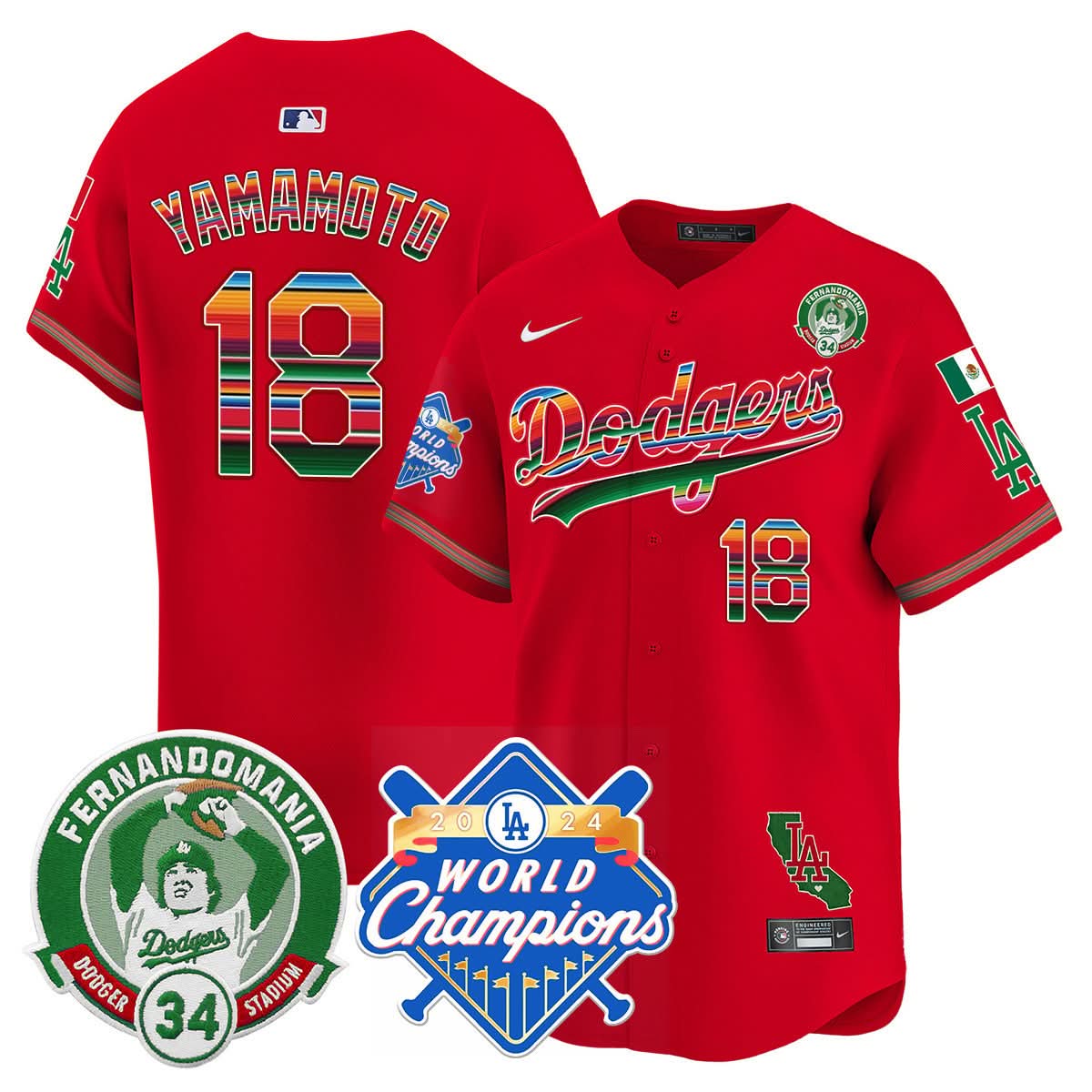LAD Mexico Fernando Memorial & 2024 World Series Champions Patch Jersey - Stitched