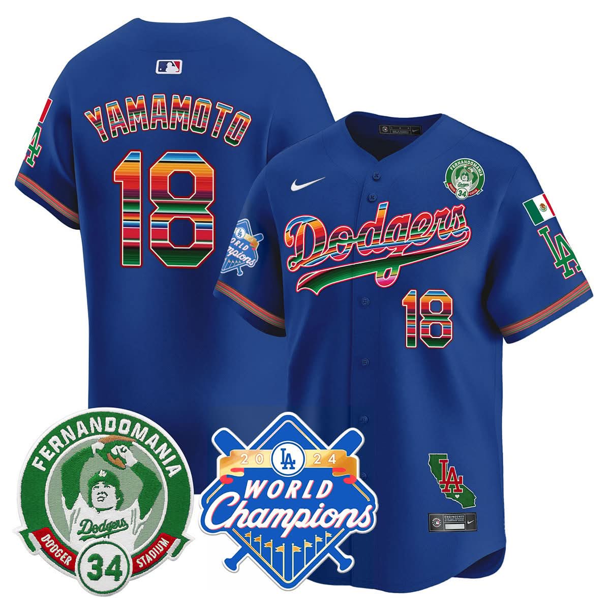 LAD Mexico Fernando Memorial & 2024 World Series Champions Patch Jersey - Stitched
