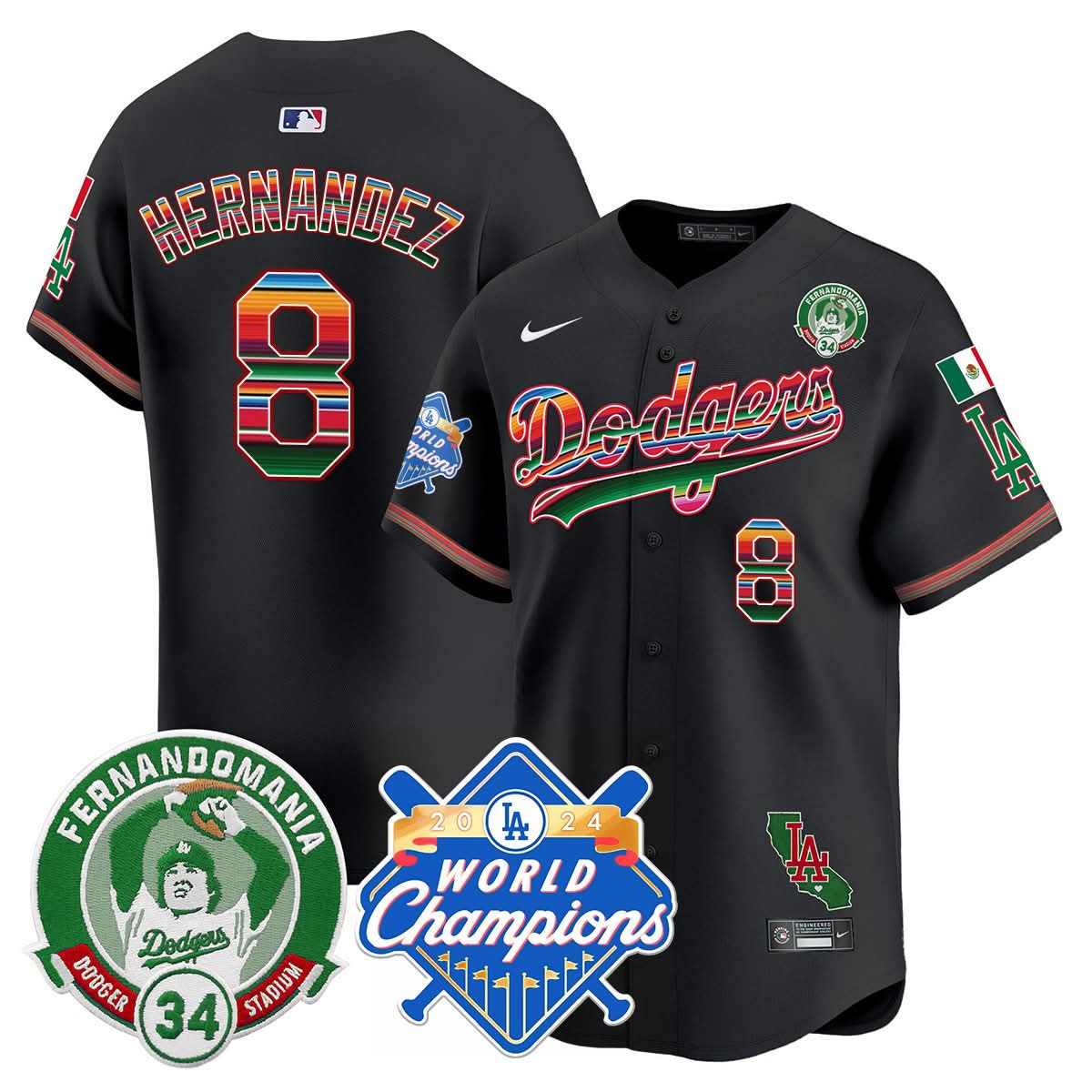 LAD Mexico Fernando Memorial & 2024 World Series Champions Patch Jersey - Stitched