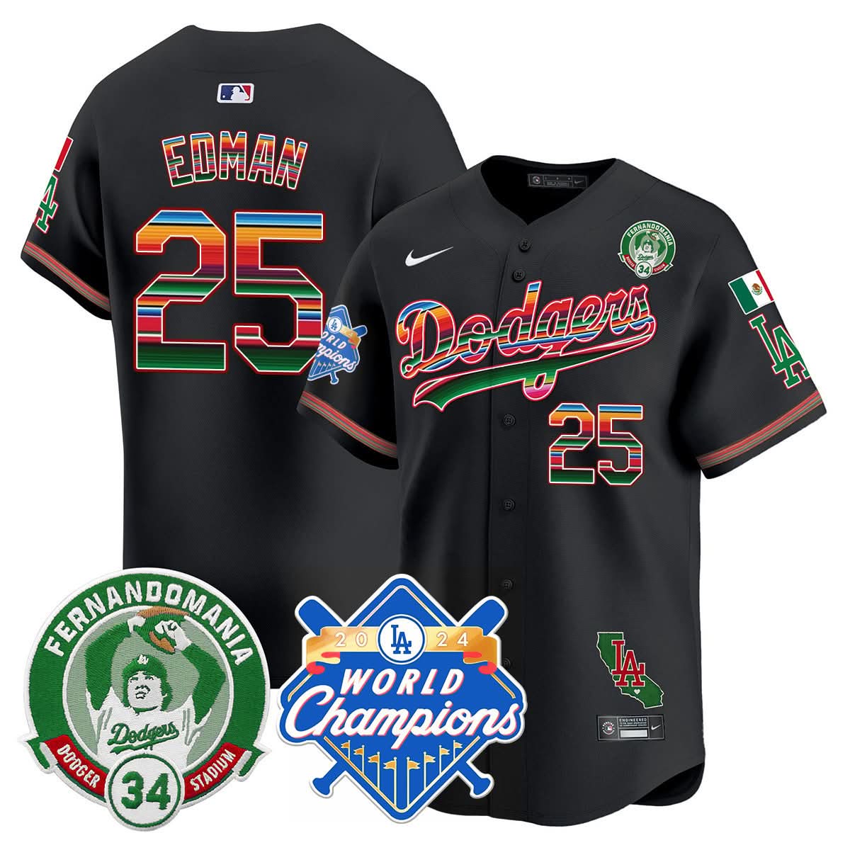LAD Mexico Fernando Memorial & 2024 World Series Champions Patch Jersey - Stitched