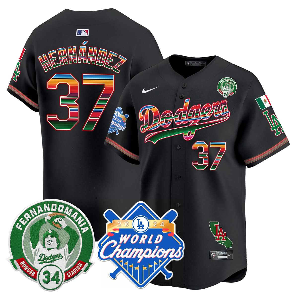 LAD Mexico Fernando Memorial & 2024 World Series Champions Patch Jersey - Stitched