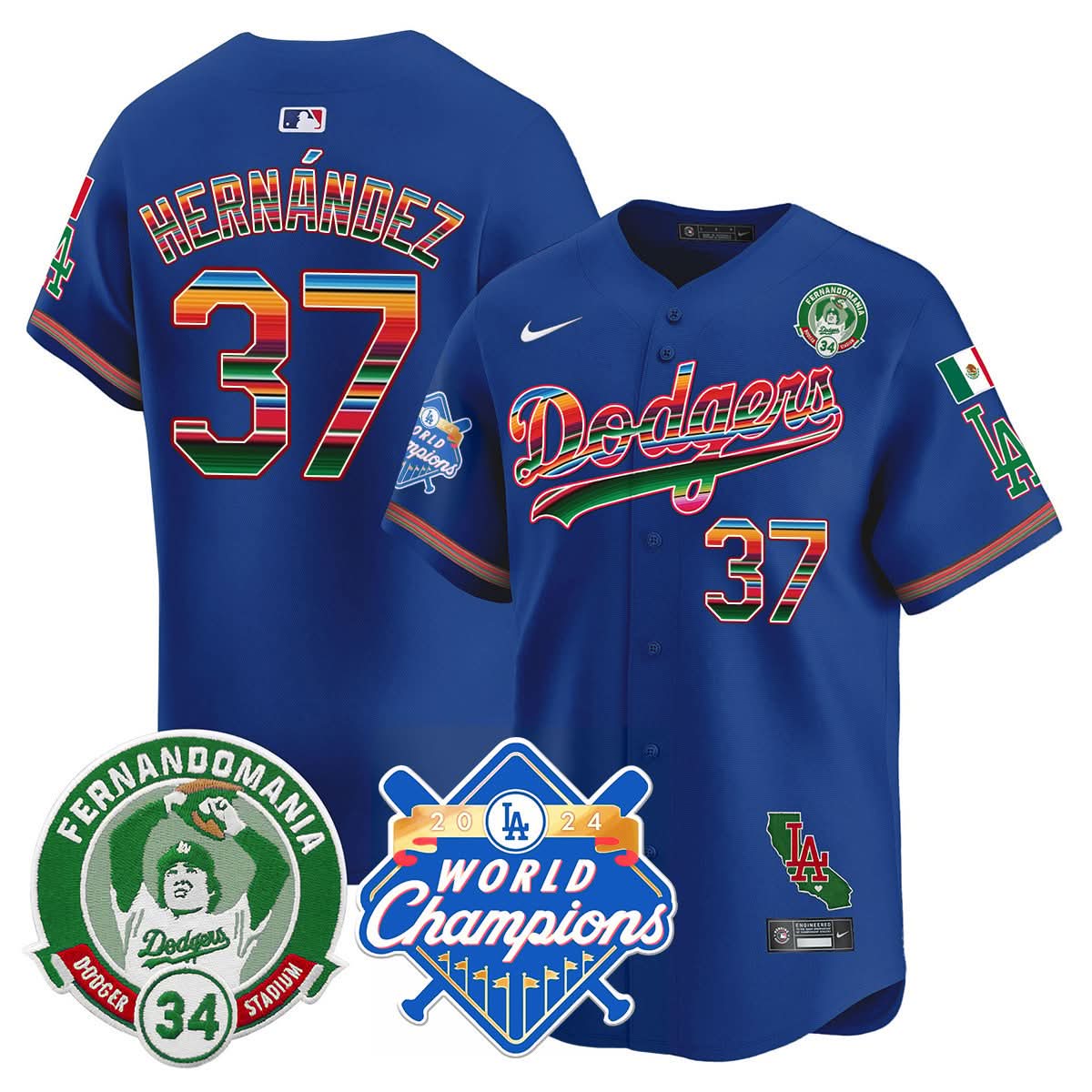 LAD Mexico Fernando Memorial & 2024 World Series Champions Patch Jersey - Stitched