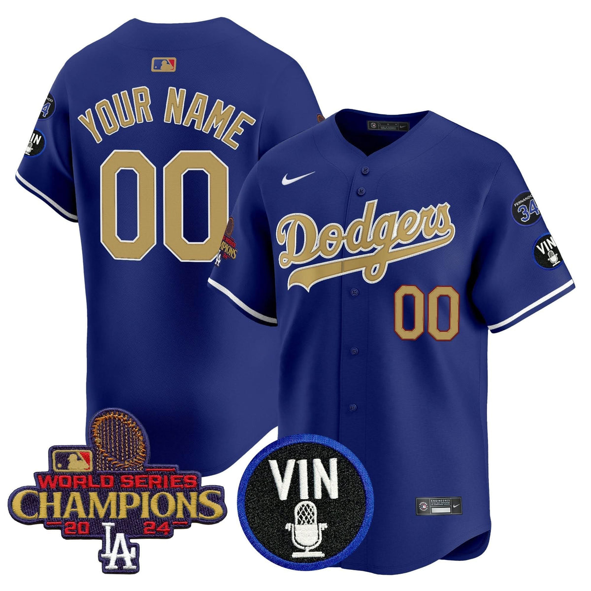 LAD 2025 Vin Scully & #34 Fernando Patch Gold Vapor Premier Limited Custom Jersey - Stitched