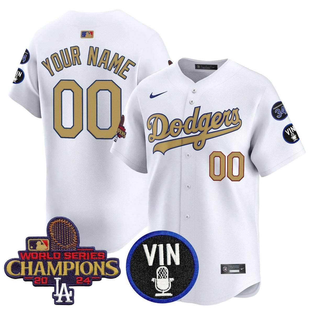 LAD 2025 Vin Scully & #34 Fernando Patch Gold Vapor Premier Limited Custom Jersey - Stitched