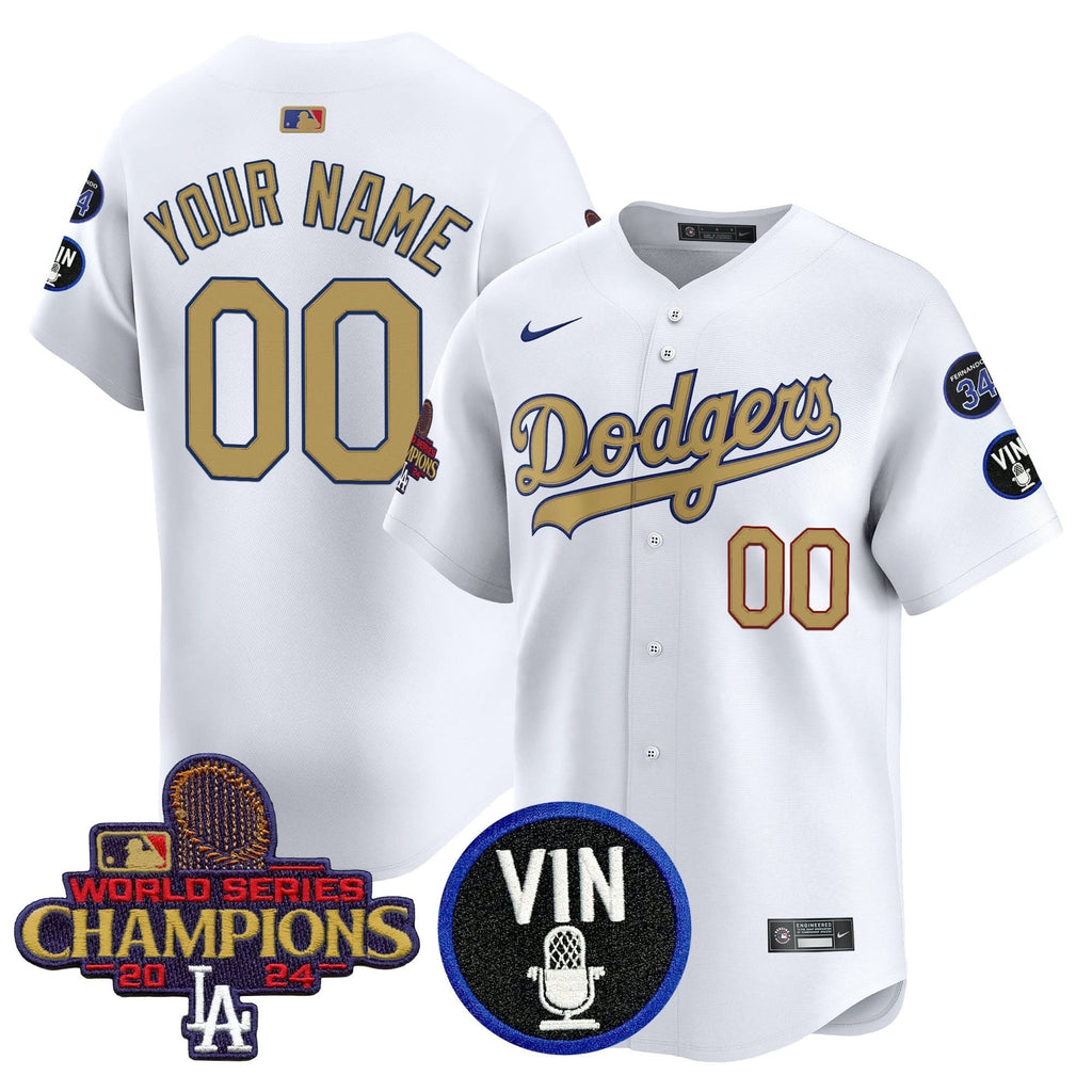 LAD 2025 Vin Scully & #34 Fernando Patch Gold Vapor Premier Limited Custom Jersey - Stitched