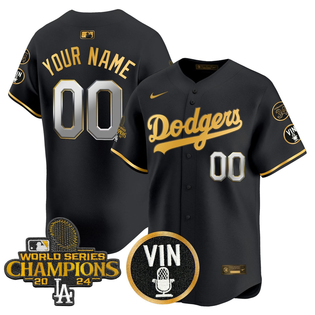 LAD 2025 Vin Scully & #34 Fernando Patch Gold Vapor Premier Limited Custom Jersey - Stitched