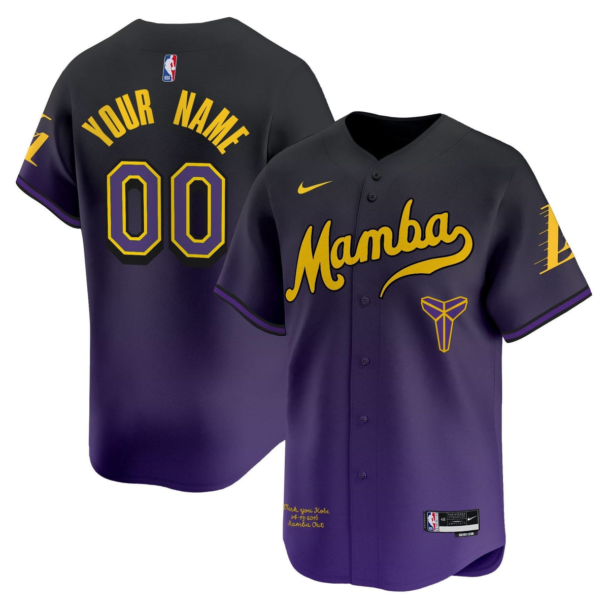 LAL Kobe Bryant Mamba Vapor Baseball Custom Jersey - Stitched