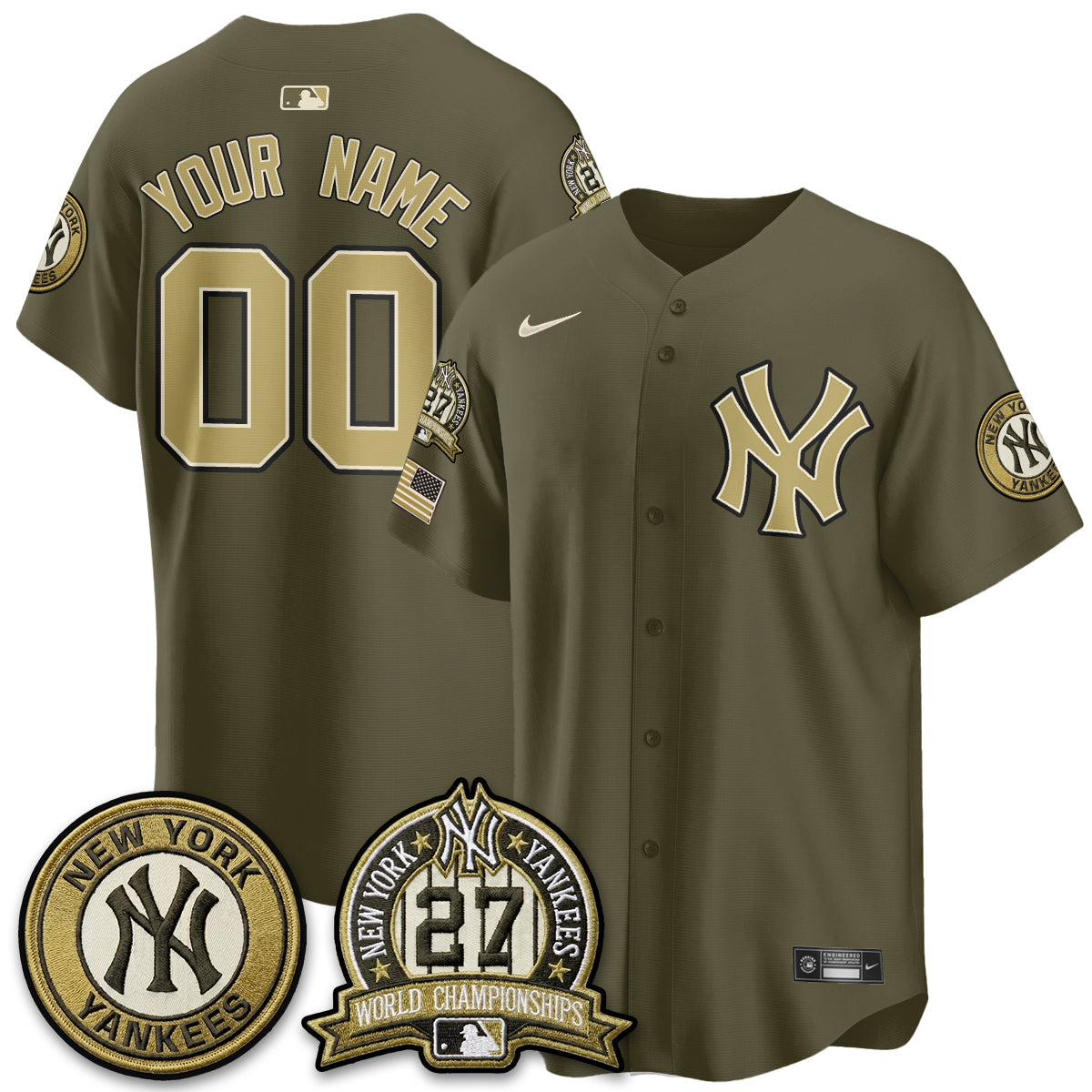 NYY New Era Olive 2026 Armed Forces Day Custom Jersey -Stitched