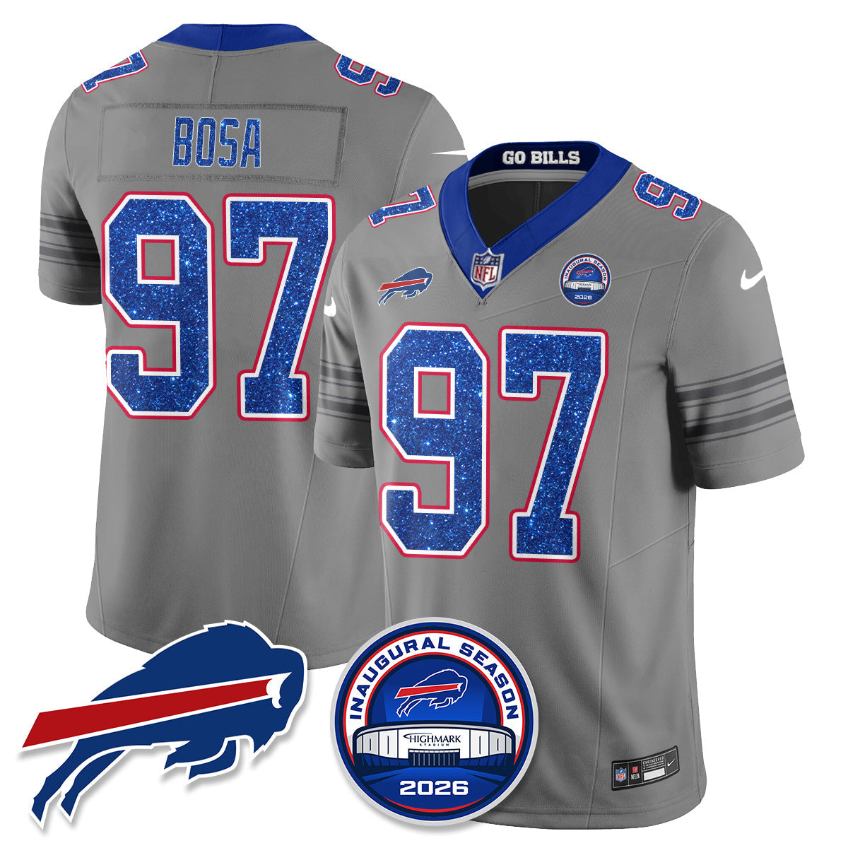 BUF Gray Nickel City Glitter Edition Vapor Jersey - Stitched